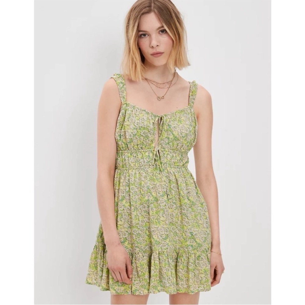 American Eagle mini dress yellow green floral sleeveless tie front silky